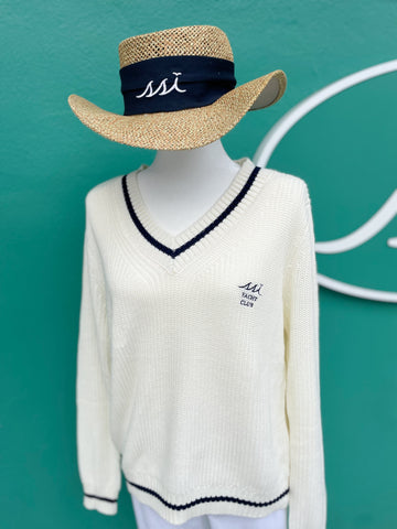 Retro Yacht Club Tennis Sweater with Navy Accent