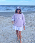 Corded Crew Sweatshirt Lilac color- “Be Where Your Feet Are” on the back.