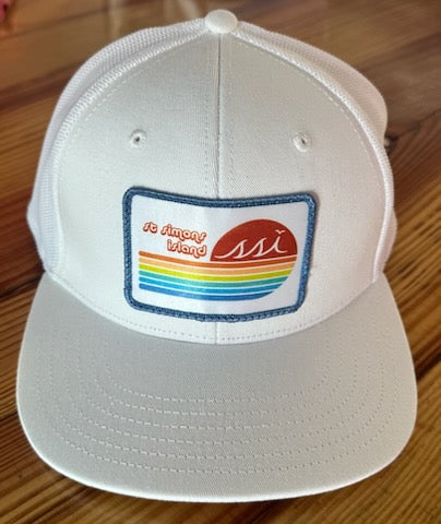 White Proflex Hat / White Patch,  Blue Border, Retro Logo, St Simons Island/ White Mesh / Adjustable