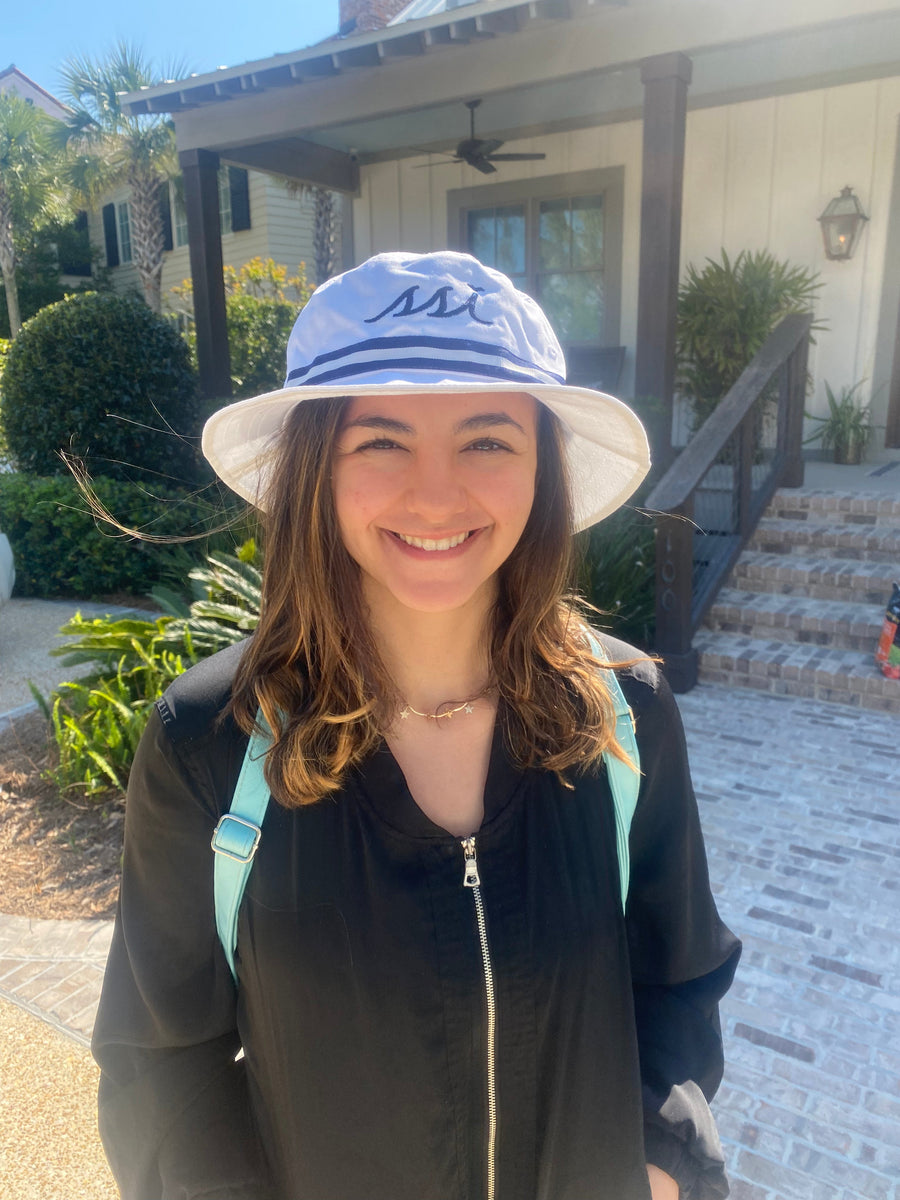 Hat- XL white bucket hat navy ribbon with red stripe navy logo – SSI  Lifestyle