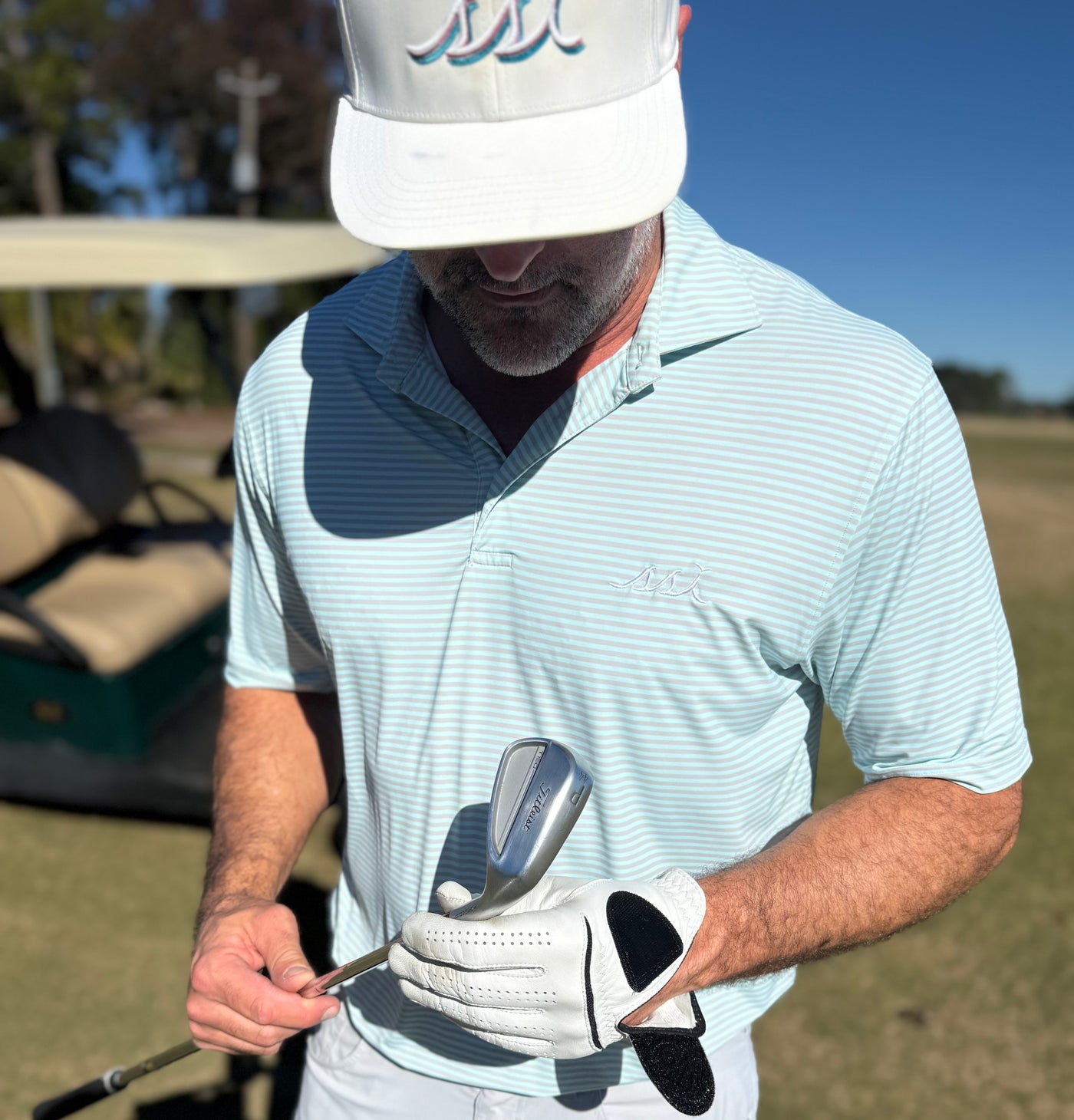 Men's Seafoam and Gray Stripe Performance Polo Shirt — White SSI Logo