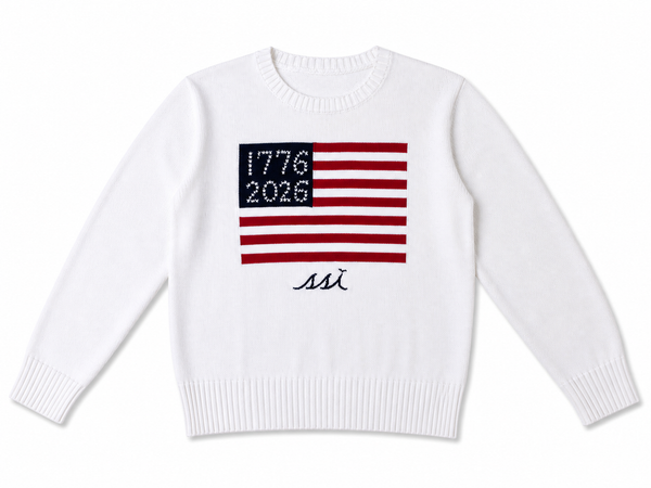 White St. Simons Island Semiquincentennial Flag Sweater — 1776–2026 Knit Crewneck