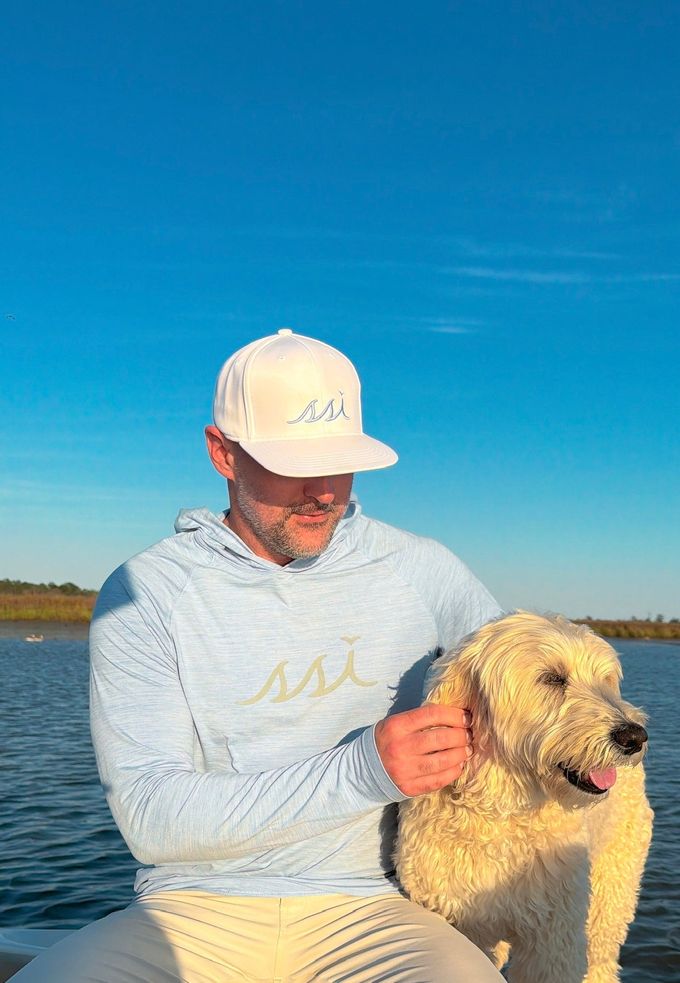 White St. Simons Island Crab Print Hat — Light Blue SSI Logo