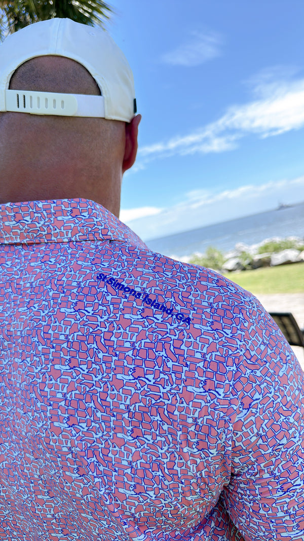 Pink & Blue States Busy Print Stretch Performance Men's Polo