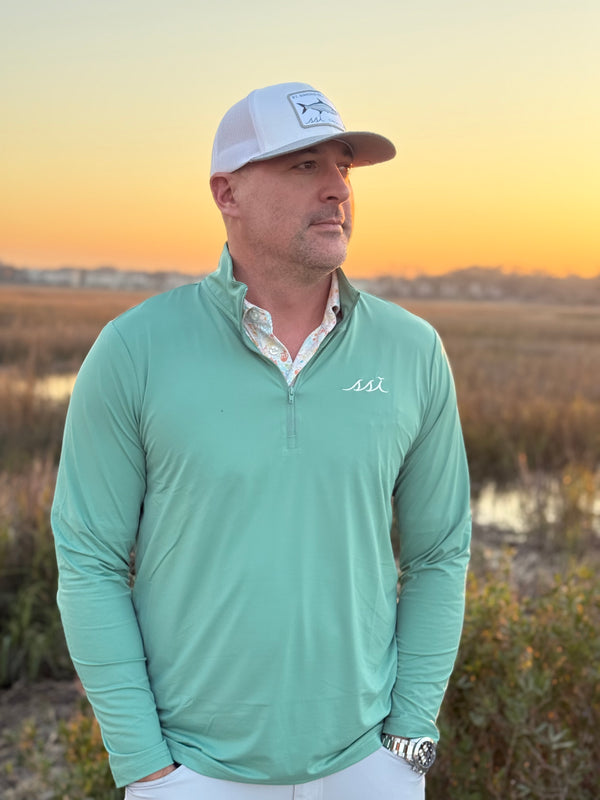 Mens 1/4 Zip Performance Pullover Green with White logo