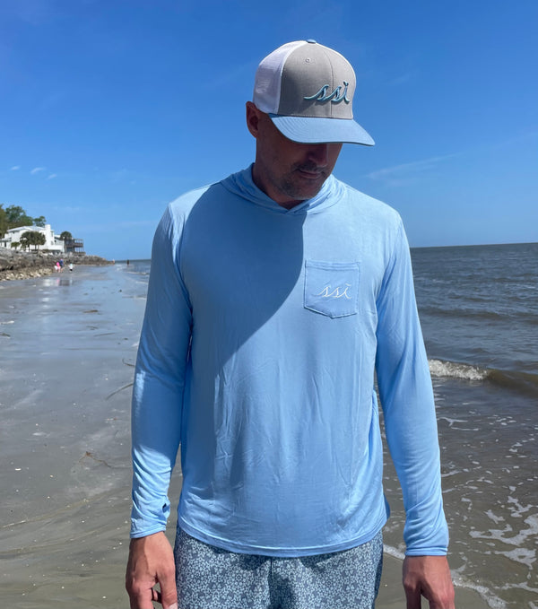 Blue Long Sleeve Sun Shirt Hoodie, White Logo on Pocket, Bamboo