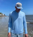 Blue Long Sleeve Sun Shirt Hoodie, White Logo on Pocket, Bamboo
