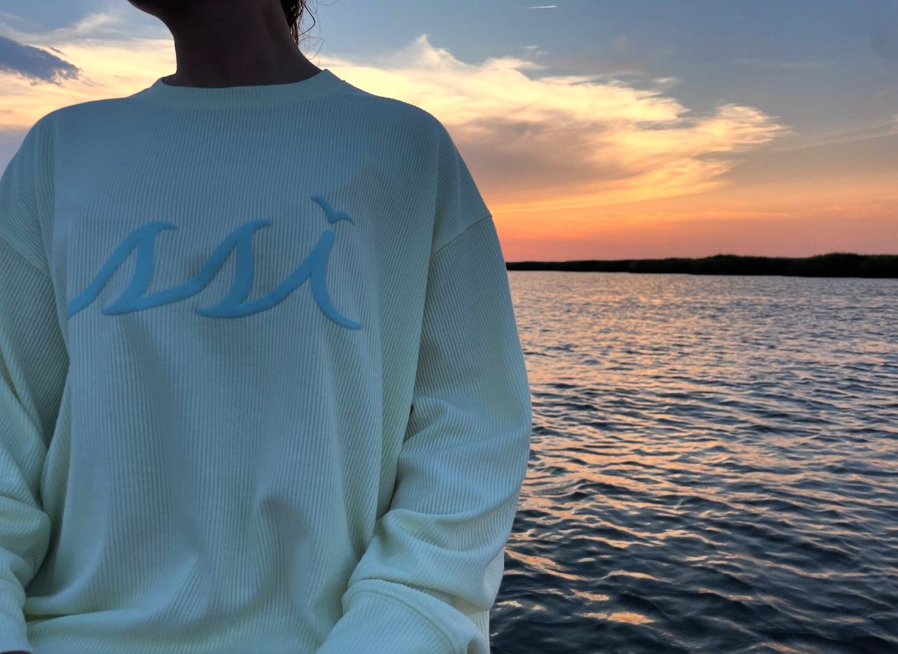 Women's chicka-d Yellow St. Simons Island Corded Crewneck Sweatshirt — Light Blue SSI Logo