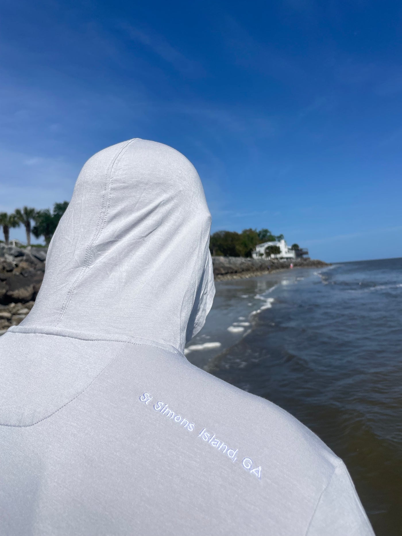 Light Gray Long Sleeve Sun Shirt Hoodie, White Logo on Pocket, Bamboo
