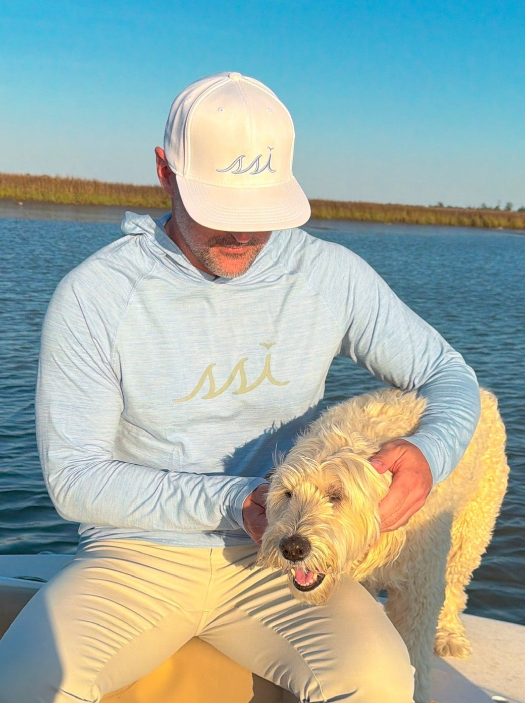 Heathered Harbor Blue St. Simons Island Hooded Long Sleeve Sun Shirt — Gray SSI Logo
