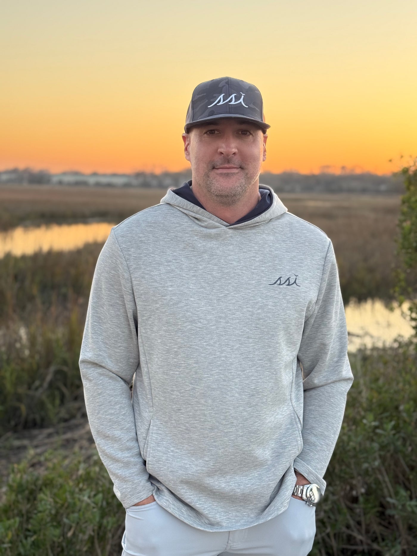 Heathered Gray Hoodie - Navy Logo Left Chest, Navy Inside of Hoodie, Side Pockets