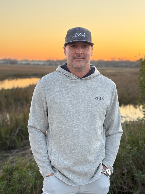 Heathered Gray Hoodie - Navy Logo Left Chest, Navy Inside of Hoodie, Side Pockets