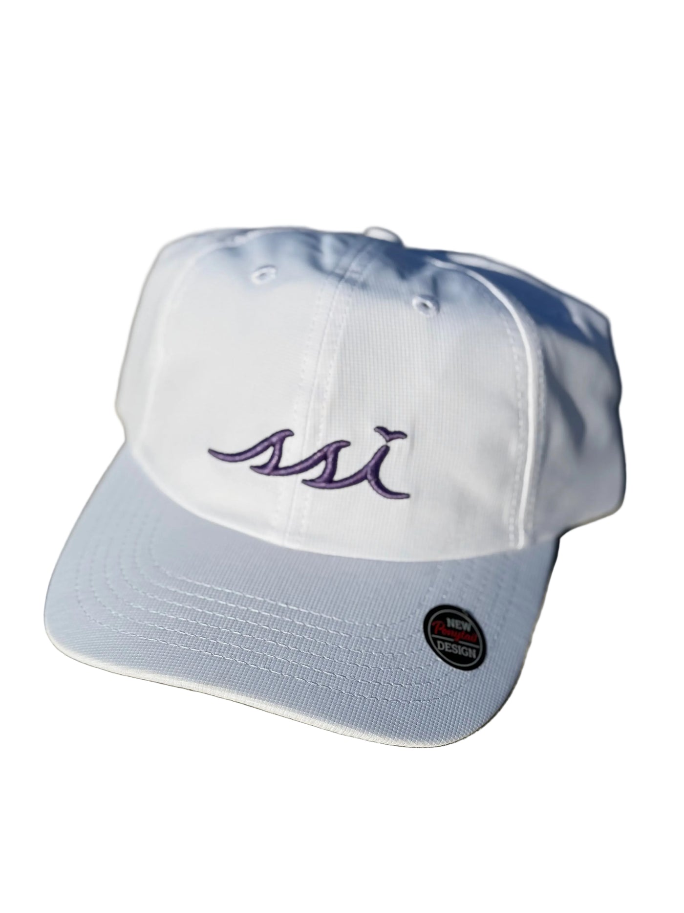 White Imperial Ponytail Back Hat (Regular Size) Purple Raised Logo