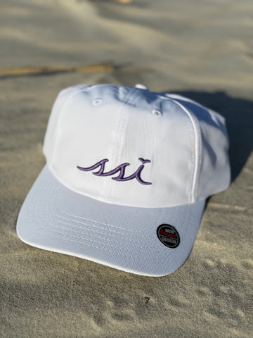 White Imperial Ponytail Back Hat (Regular Size) Purple Raised Logo