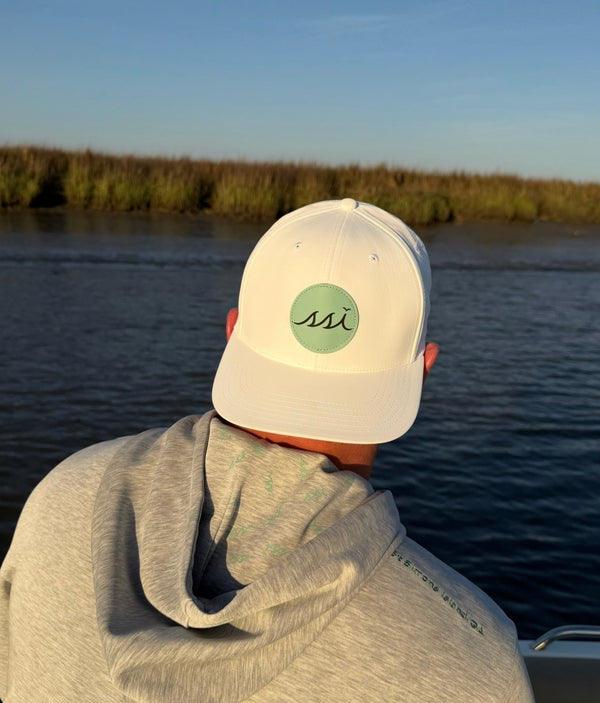 Coastal White Performance Cap — Round Teal Leather Patch