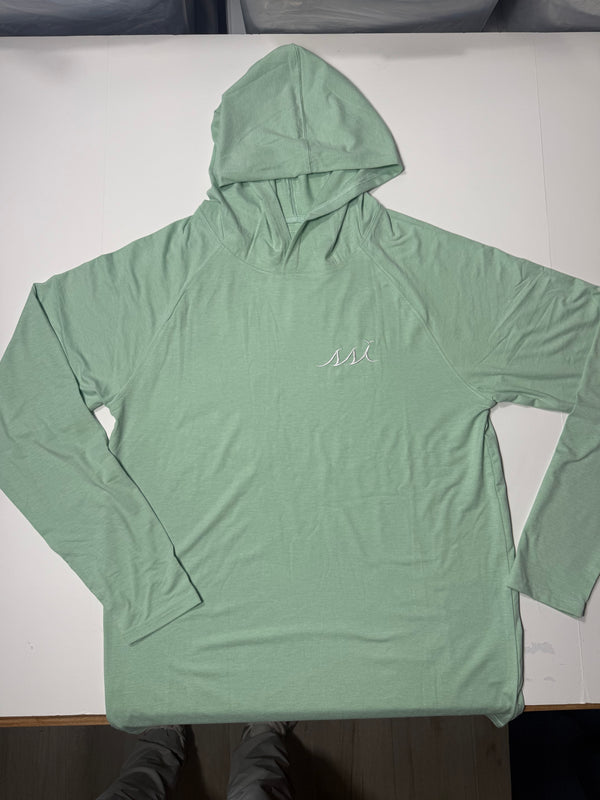 Cozy Heathered Green T Shirt Hoodie - White Logo on Chest