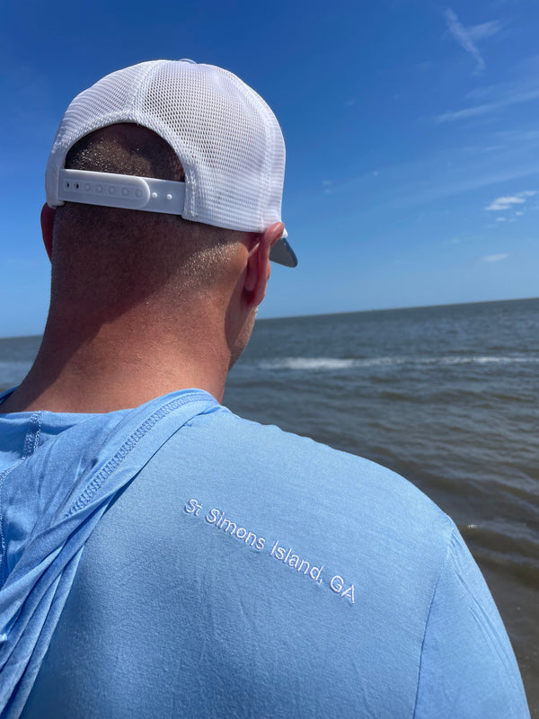 Blue Long Sleeve Sun Shirt Hoodie, White Logo on Pocket, Bamboo