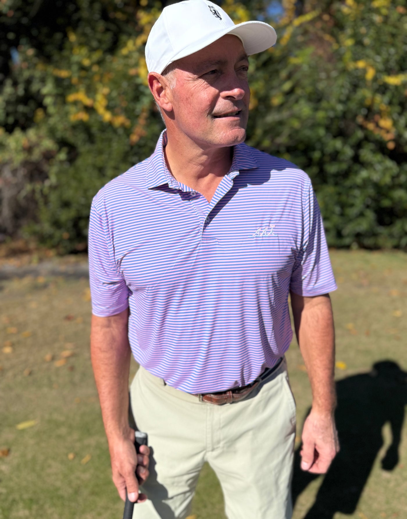 Men's Pink and Blue St. Simons Island Striped Performance Polo Shirt — White SSI Logo