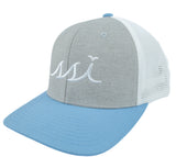 Silver/Allure Blue bill/White Mesh back FlexFit Hat / White Logo/ Adjustable