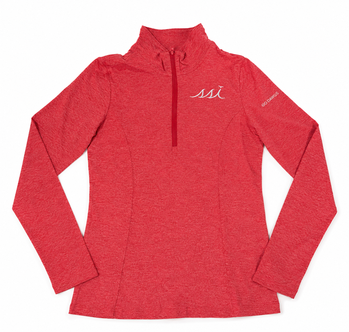 Ladies 1/4 Zip Pullover Heathered Red with White logo- Go Dawgs on Left Arm