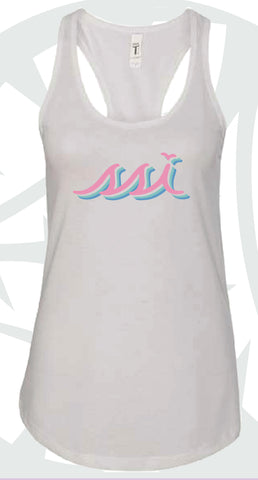 White Racerback Tank Top with Pink Cascade Logo
