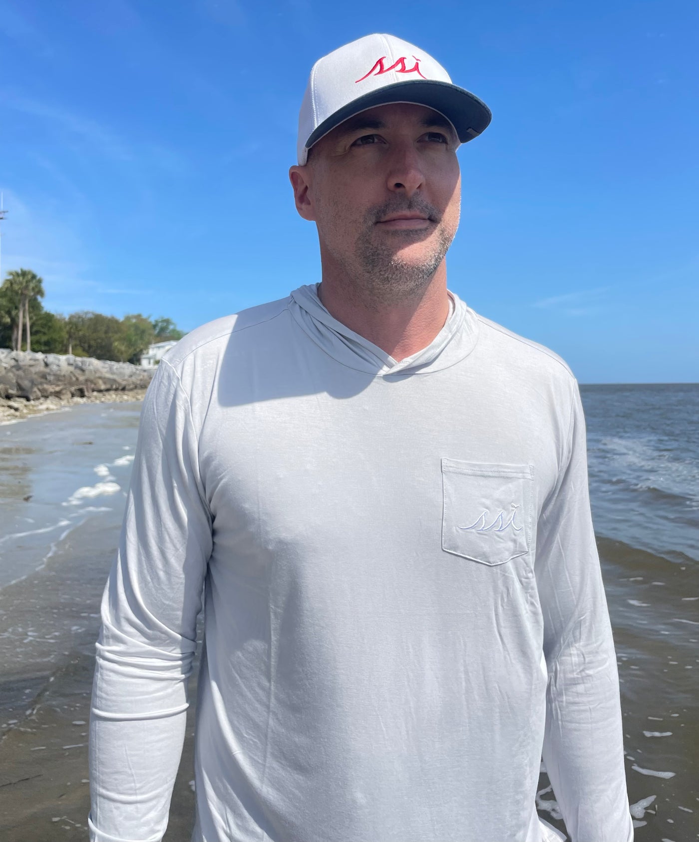 Light Gray Long Sleeve Sun Shirt Hoodie, White Logo on Pocket, Bamboo