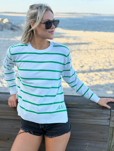 Yacht Club Crew Long Sleeve with Kelly Green Stripes & Logo on Front Left