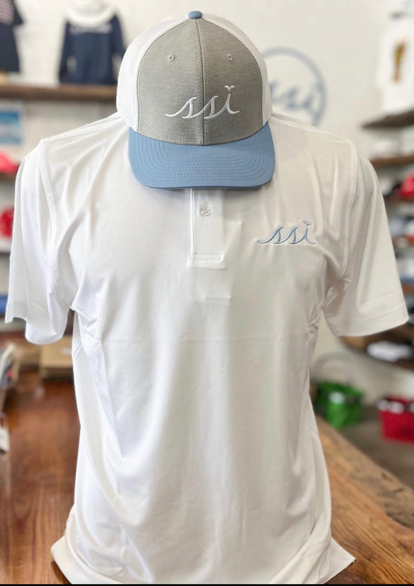 Stretch Performance Men's Polo White w/ Light Blue Logo