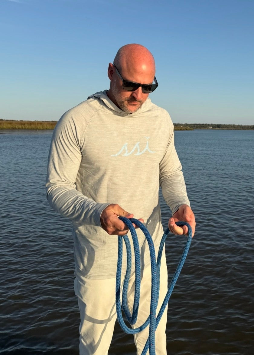 Heather Gray Lightweight Hooded Tee — Sky Blue SSI Logo