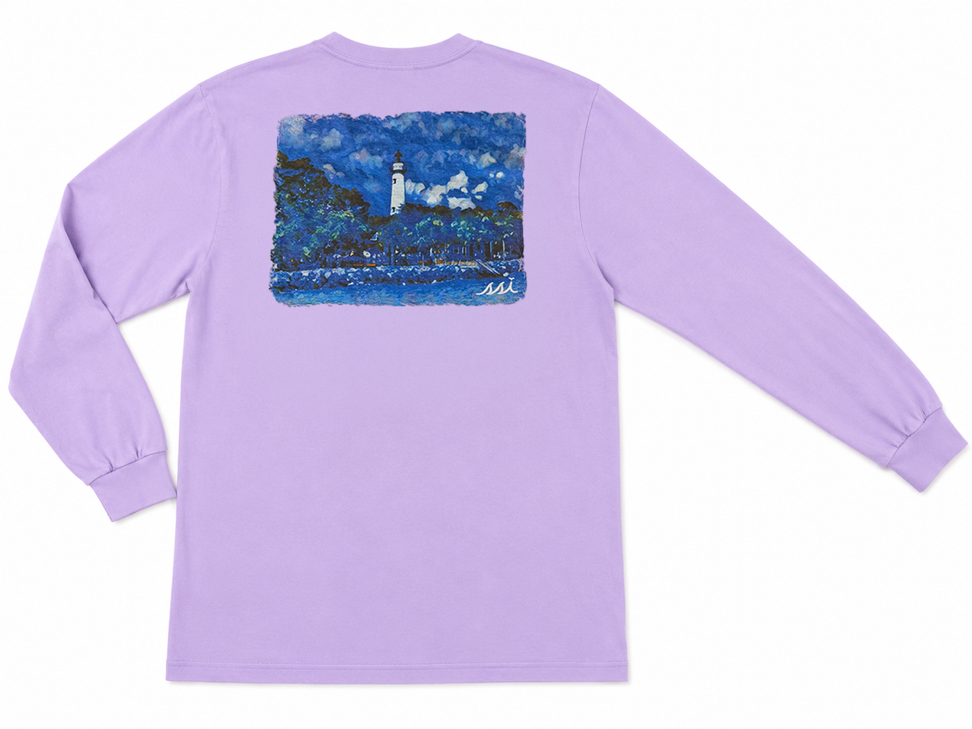 Comfort Colors Lavender St. Simons Island Long Sleeve Tee — Lighthouse Watercolor Back Print