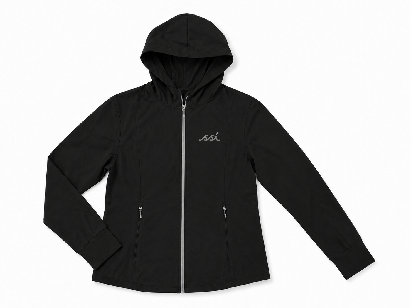 : Black Full-Zip Hooded Activewear Jacket — Reflective SSI Logo