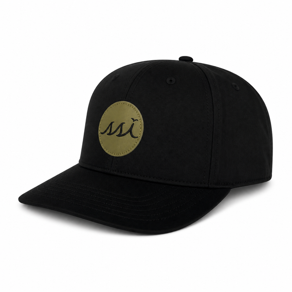 Black Performance Cap — Round Olive Leather Patch