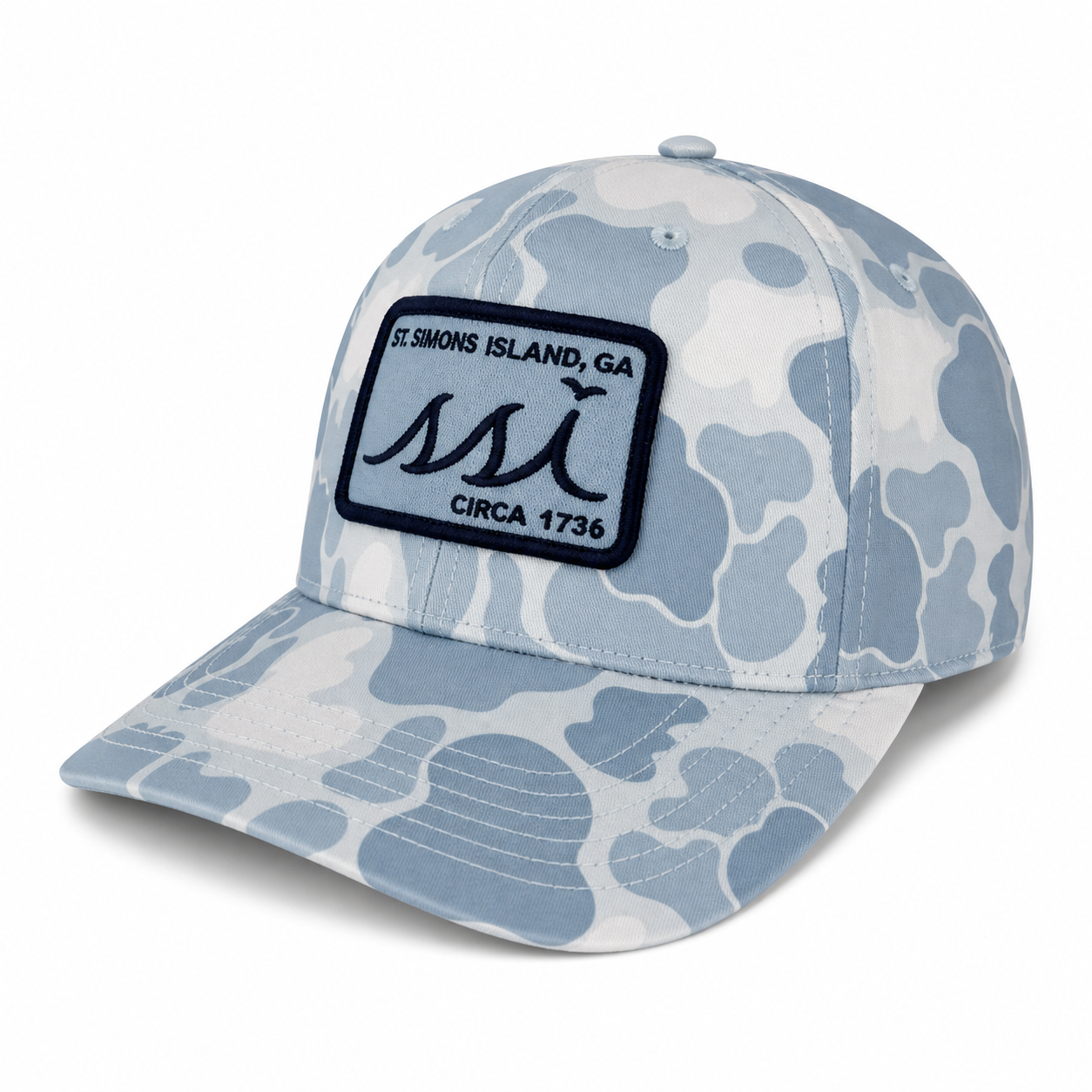 Sky Blue Duck Camo Performance Cap — "St. Simons Island, GA Circa 1736" Patch