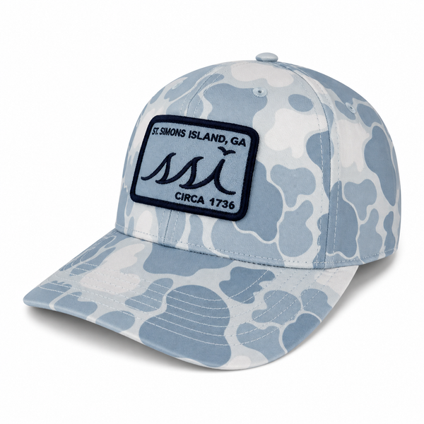 Sky Blue Duck Camo Performance Cap — "St. Simons Island, GA Circa 1736" Patch