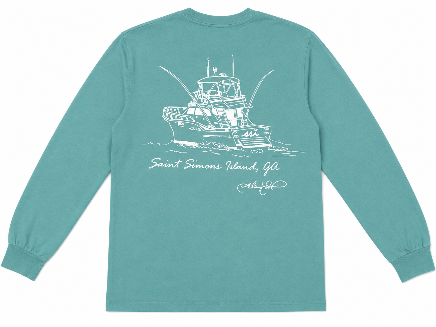 Comfort Colors Seafoam St. Simons Island Long Sleeve Pocket Tee — Sportfish Boat Back Print