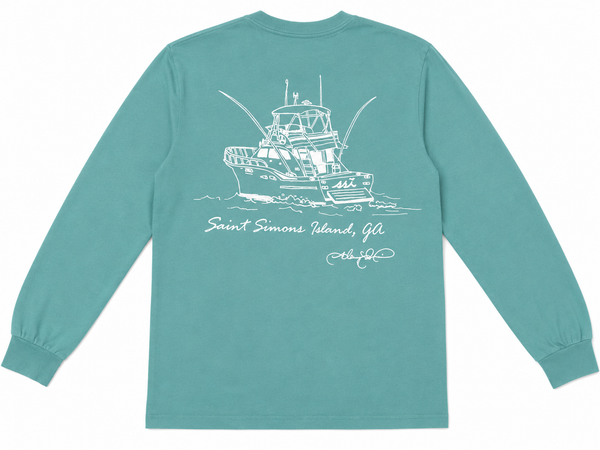 Comfort Colors Seafoam St. Simons Island Long Sleeve Pocket Tee — Sportfish Boat Back Print