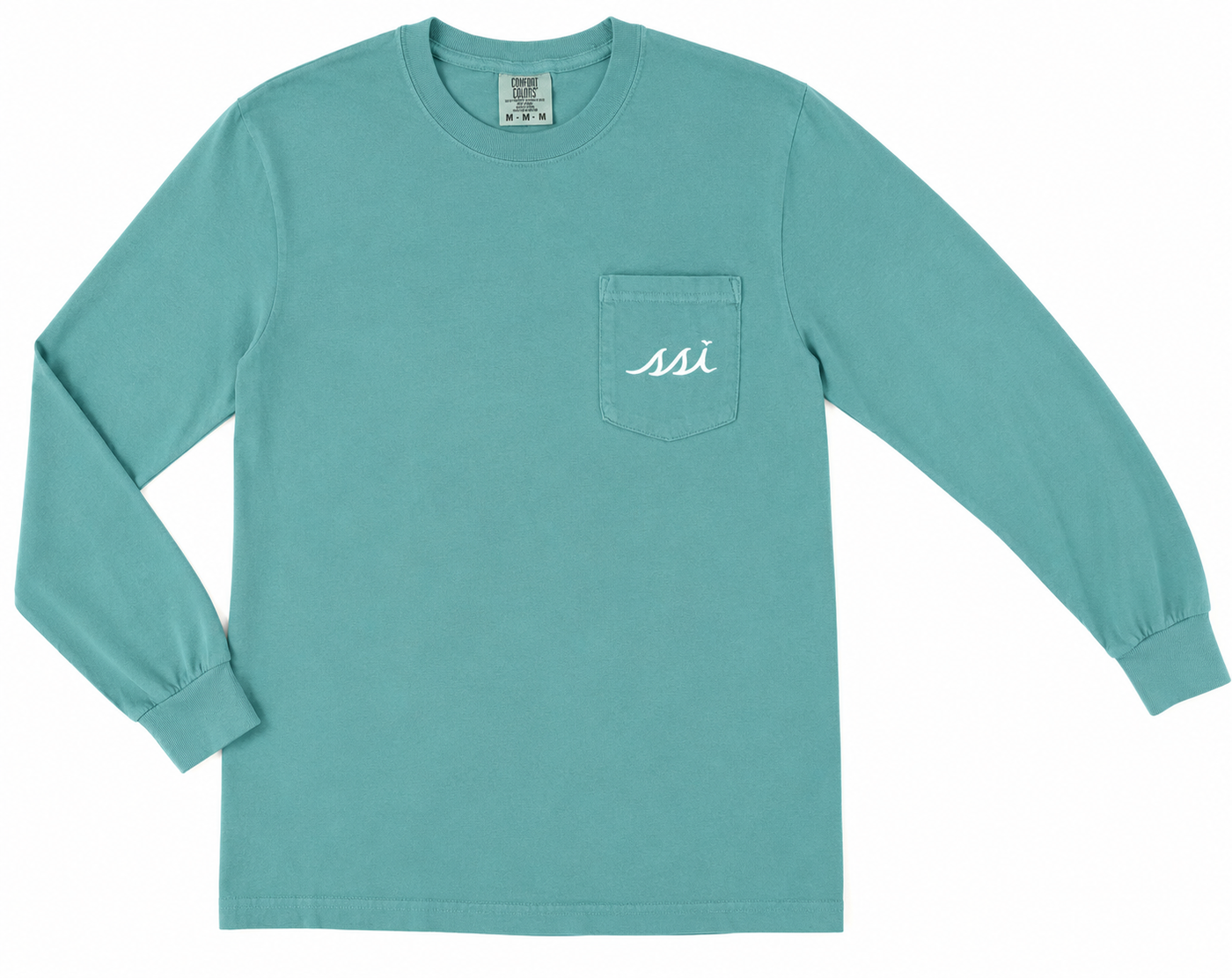 Comfort Colors Seafoam St. Simons Island Long Sleeve Pocket Tee — Sportfish Boat Back Print