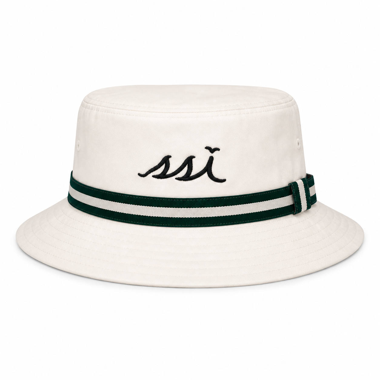 Coastal White Bucket Hat — Forest Green Striped Band