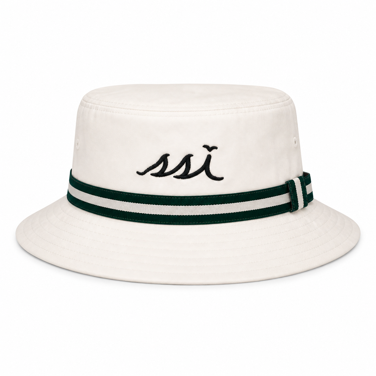 Coastal White Bucket Hat — Forest Green Striped Band