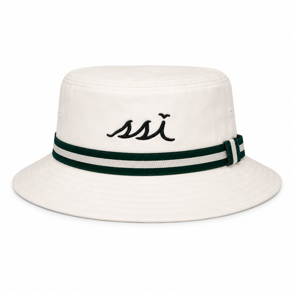 Coastal White Bucket Hat — Forest Green Striped Band