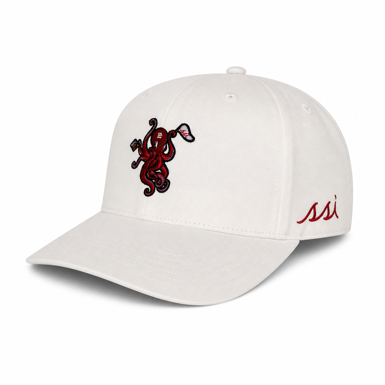 Coastal White Octopus Cap — Red & Navy Embroidered Mascot