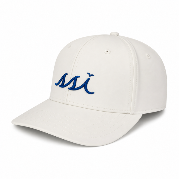 Coastal White Legacy Performance Cap — Royal Blue Raised Logo