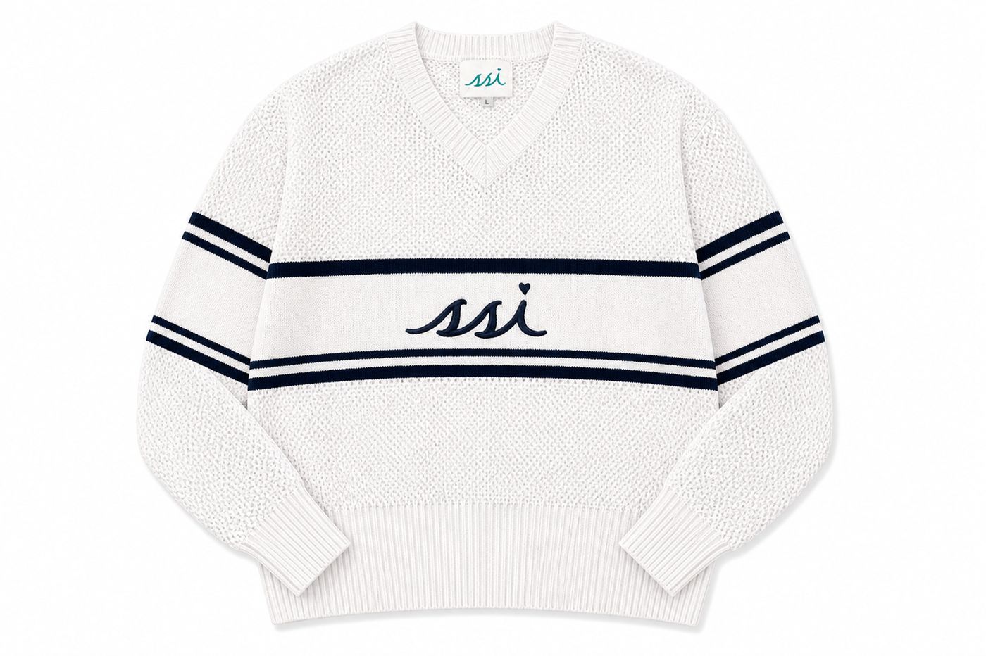 Coastal White V-Neck Crochet Sweater — Navy Stripe & SSI Heart