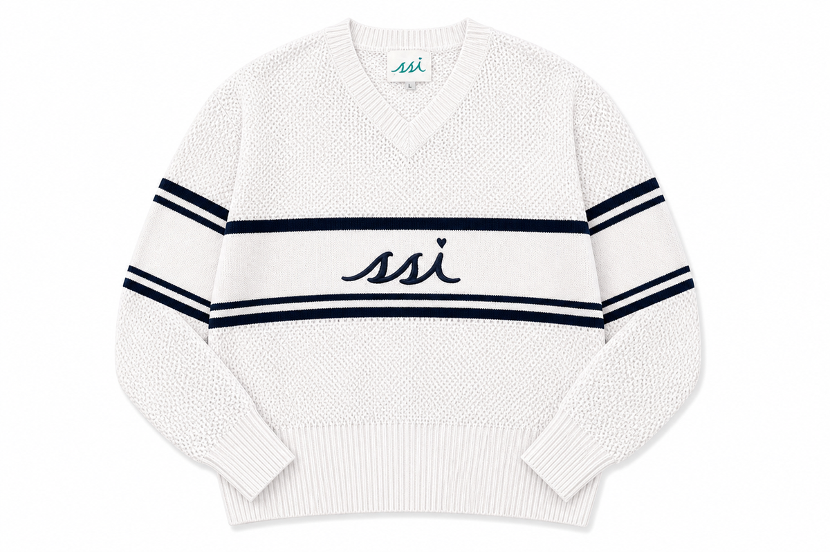 Coastal White V-Neck Crochet Sweater — Navy Stripe & SSI Heart