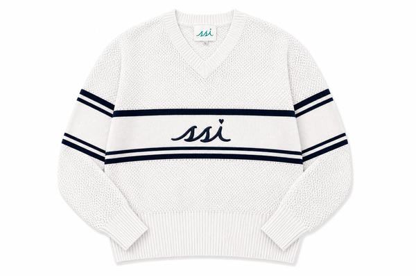 Coastal White V-Neck Crochet Sweater — Navy Stripe & SSI Heart