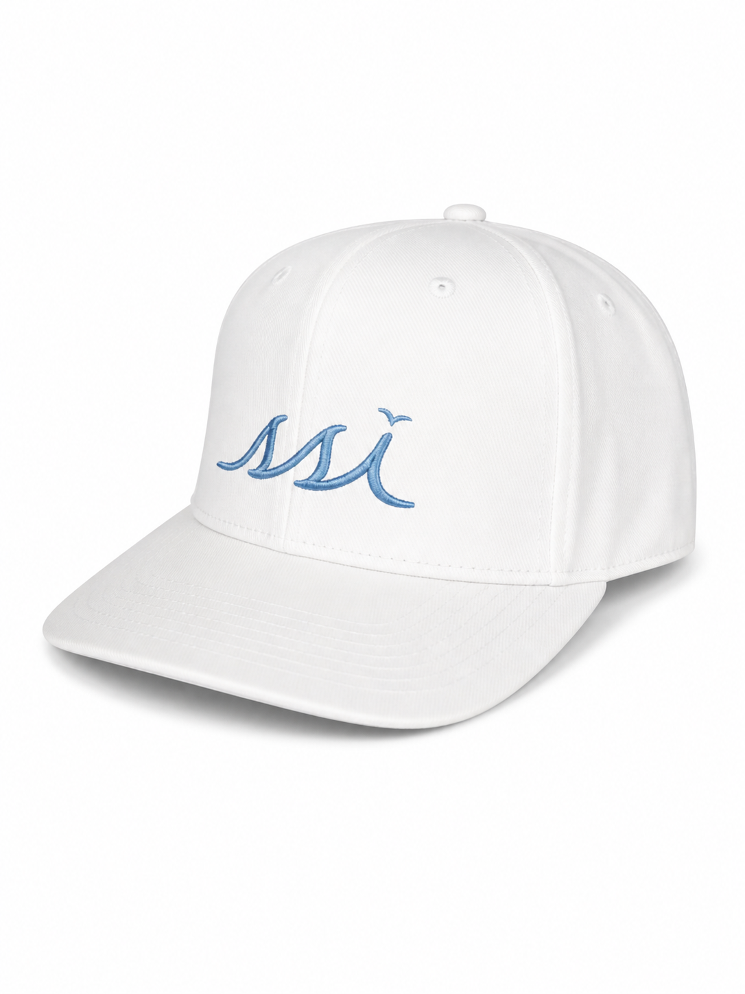 Coastal White Performance Cap — Sky Blue Raised Logo (Soft Fit)