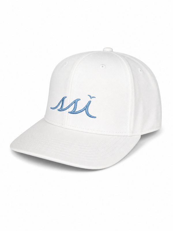 Coastal White Performance Cap — Sky Blue Raised Logo (Soft Fit)