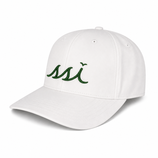 Coastal White Performance Cap — Forest Green Raised Logo