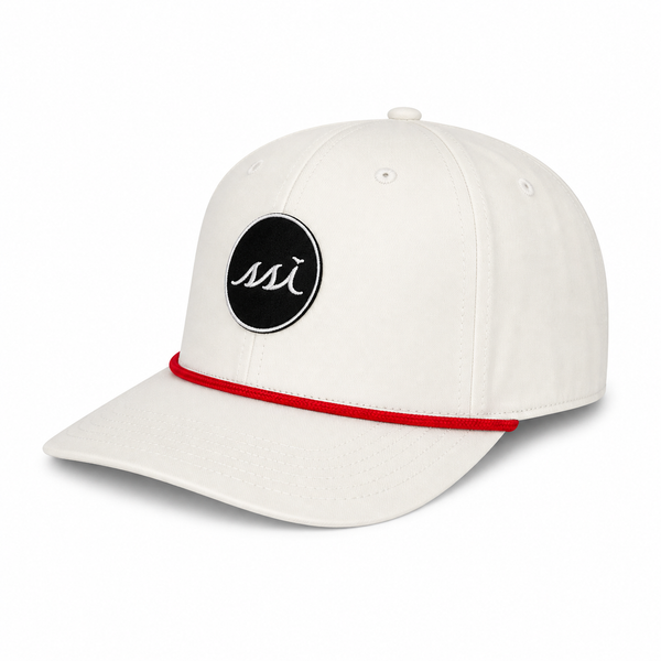 Coastal White Rope Cap — Navy PVC Patch with Red Cord