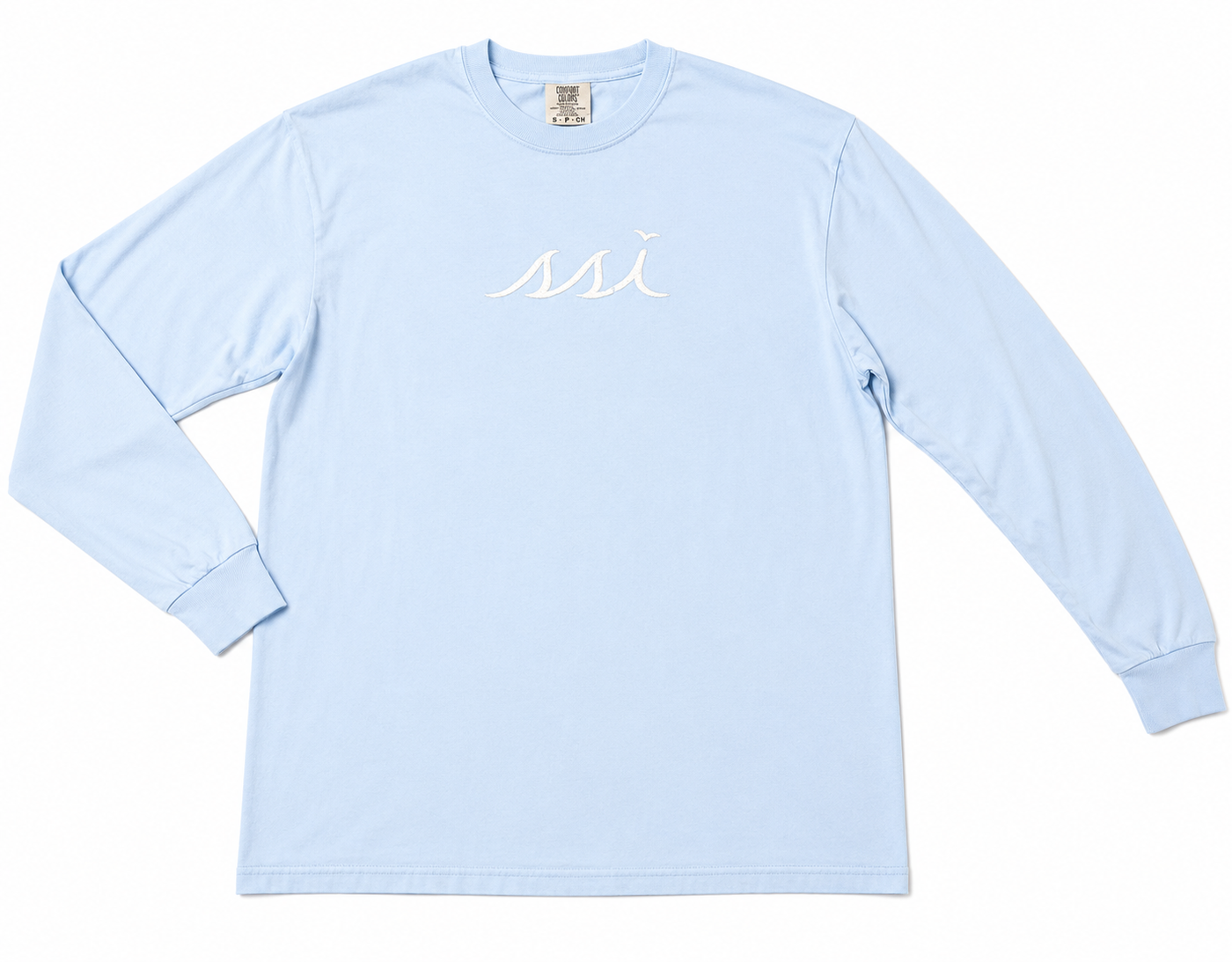 Comfort Colors Light Blue St. Simons Long Sleeve Tee —Distressed White Logo